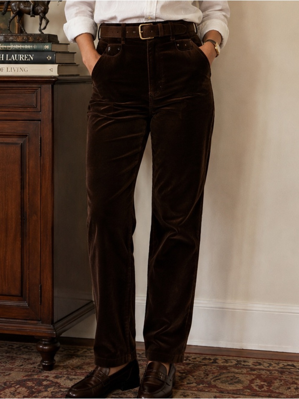 Lauren Ralph Lauren Chocolate Brown Velvet Classic Pants Preppy Dark Academia